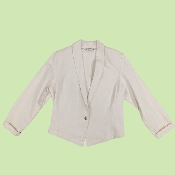 VTG ORVIS‎ blazer L Women Cotton Denim Ivory Single Button - Picture 3 of 8